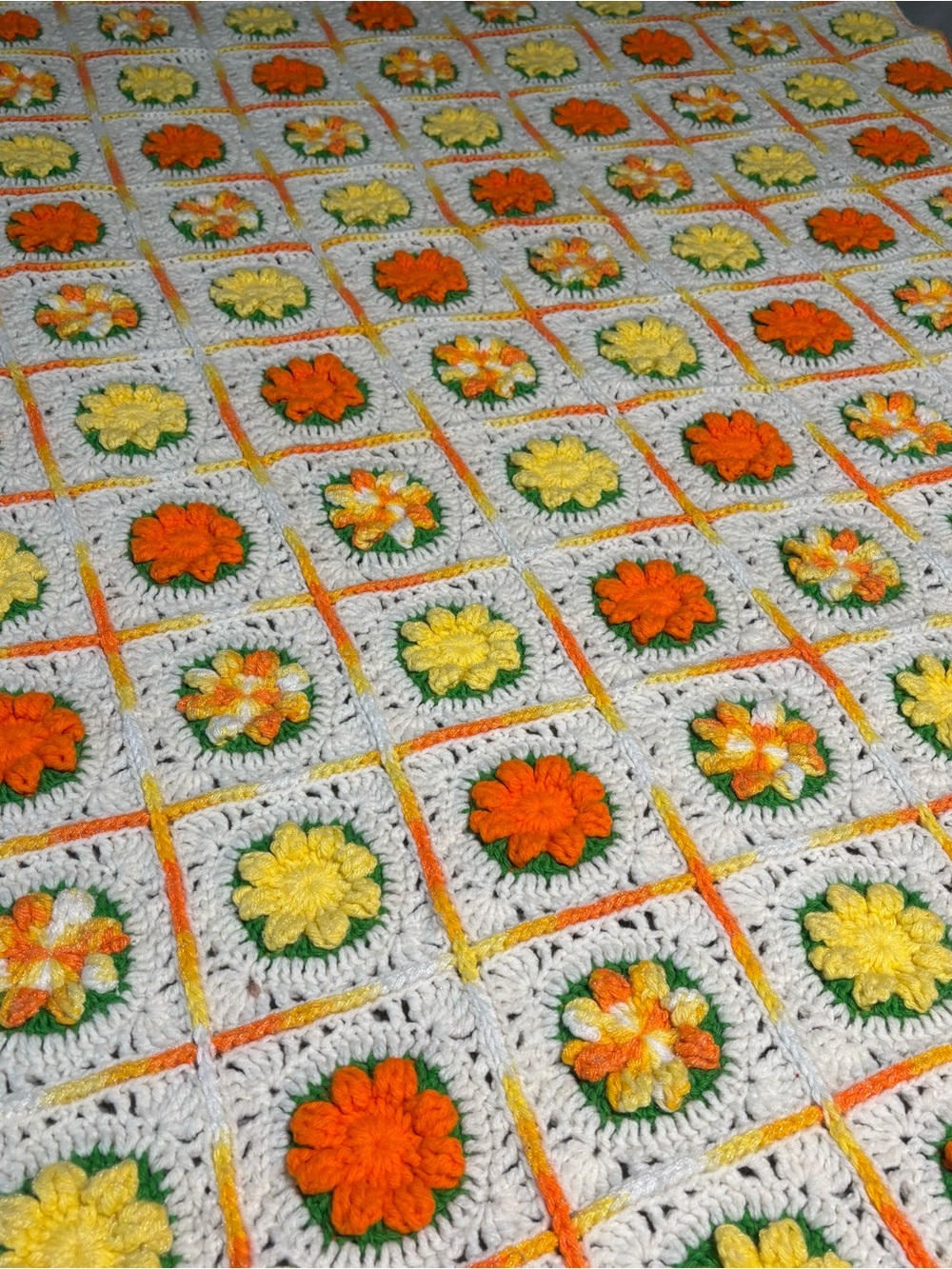 Afghan 3D Granny Flower Knitted Crochet Throw Blanket Orange Yellow 72x45 Groovy - Picture 5 of 8